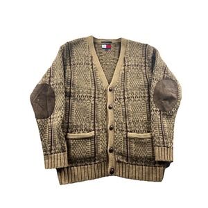 Tommy Hilfiger Wool Cardigan Sweater Suede Elbow Patch Grandpa Chunky Men Medium